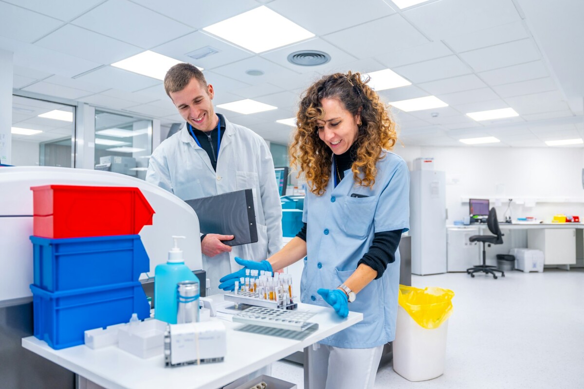 Doctors organizing samples in a pathology research modern laboratory